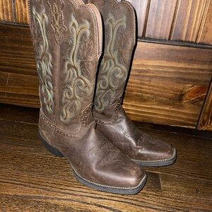 Leather Justin Boots Green Tall Western Boots Womens 7B square toe cowgirl
